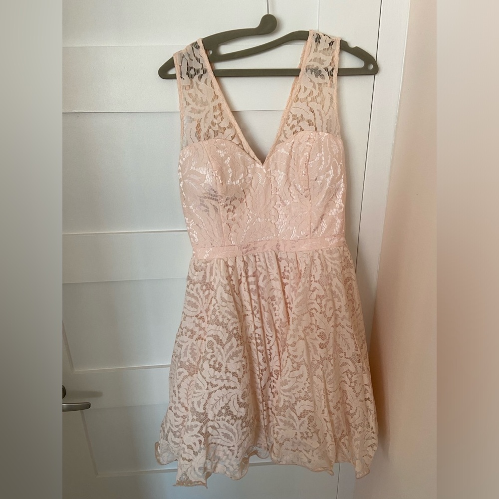 Blush Pink Lace Cocktail Dress with Tulle - Size 14 UK (Size 10 US)